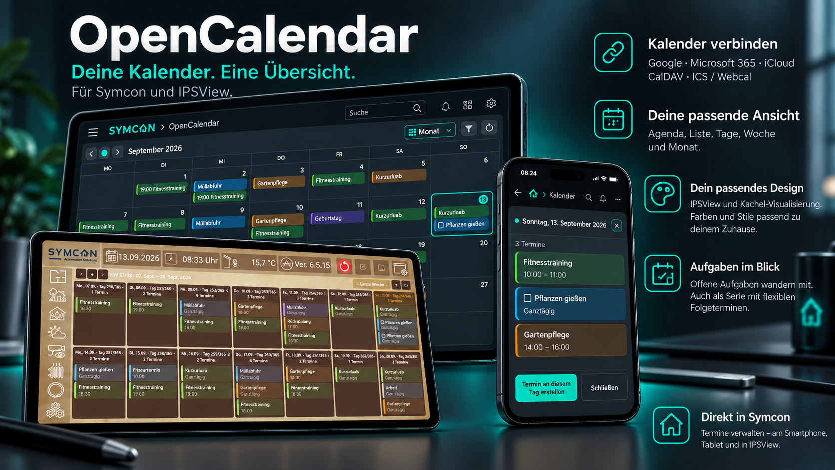 OpenCalendar mit Kalenderansichten auf mehreren Geräten