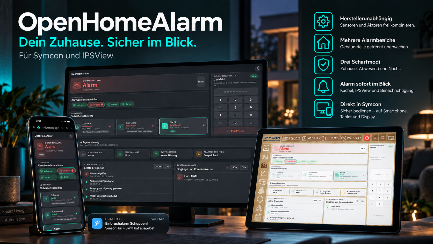 OpenHomeAlarm mit Alarmansichten auf mehreren Geräten